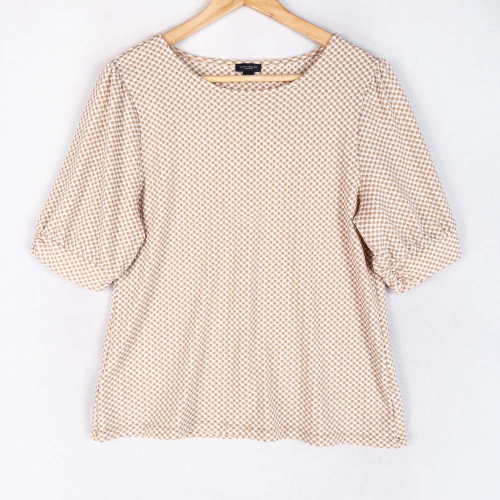 Ann Taylor Womens Gingham Puff Sleeve Blouse L Tan White Boat Neck Textured Top